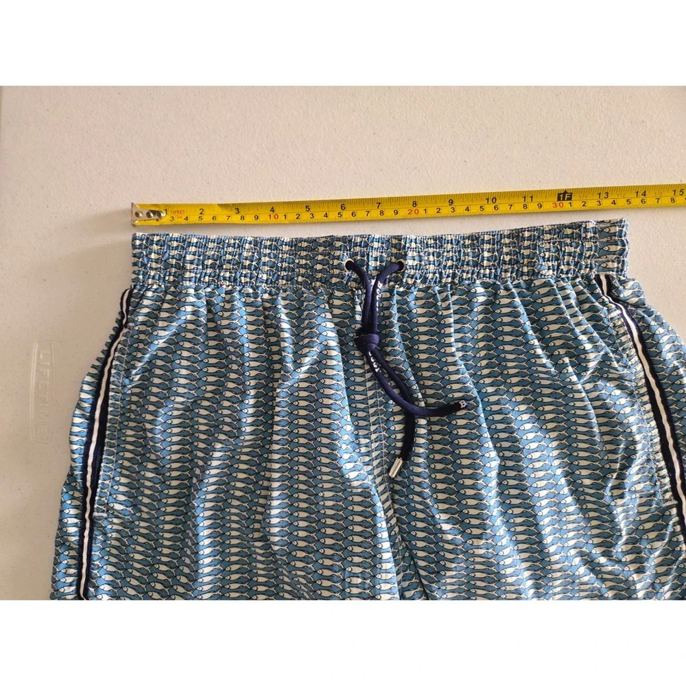 Boggi Milano Mens Blue Fish Print Swim Trunks Made in Italy Size M Mesh Lined‎
